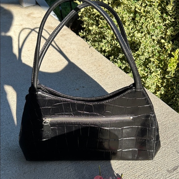 MONSAC ALLIGATOR/CROCODILE EMBOSSED LEATHER HANDBAG SHOULDER BAG BLACK - Picture 1 of 16